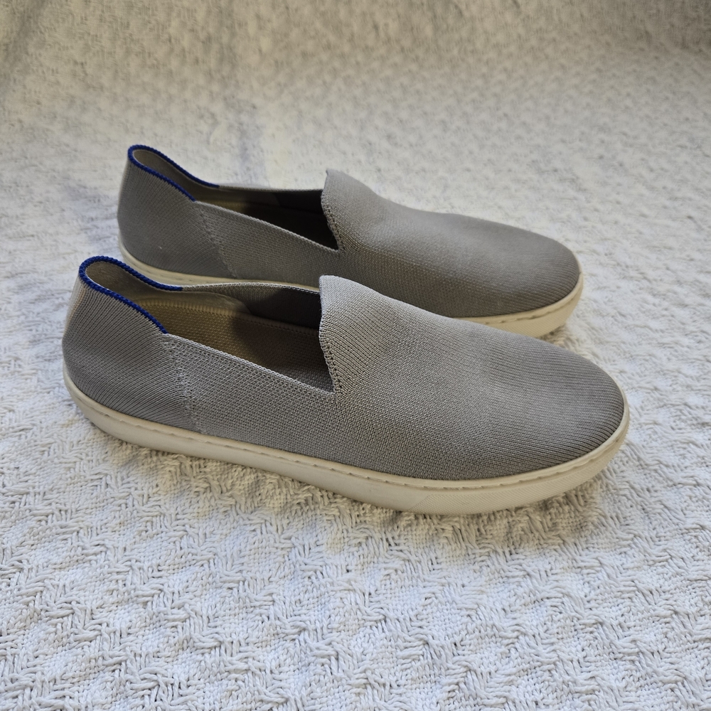 Rothy's Slip-On Sneakers in Light Gray with Blue Trim